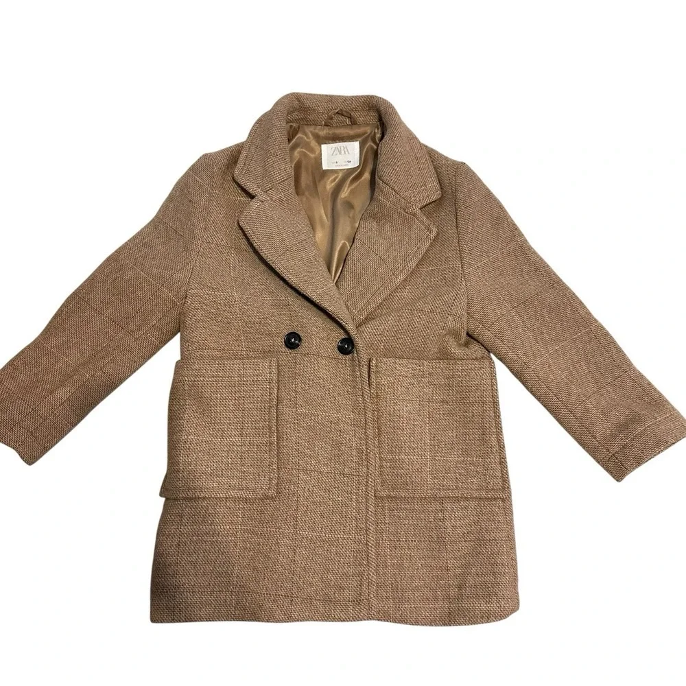 Zara Girls woll blend double‎ breasted coat size 9c/134 cm Pre Owned Beige/Tan